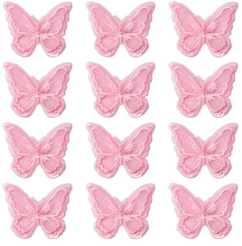 URROMA Rosa Spitze Schmetterling Applikationen zum Aufnähen Doppellagige Spitze Patches für Hochzeit Braut Haarschmuck (Rosa, 12 Stück)
