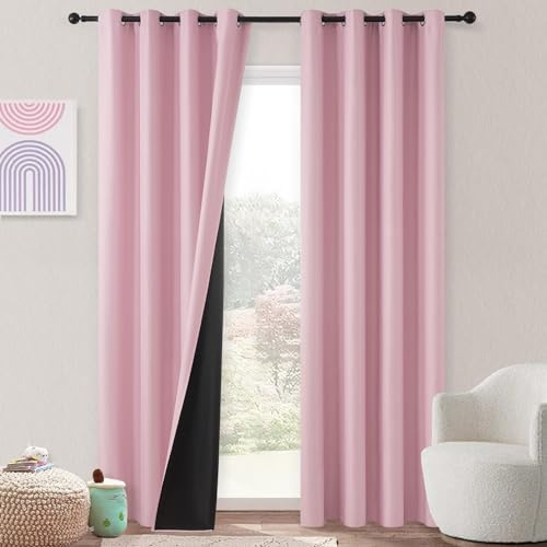 MRTREES 2 Piezas Cortinas Rosa Cortas de Dormitorio Infantil Niña 100% Blackout Bloqueo Luz Cortina Opaca Termica Aislante Frio y Calor Cortinas de Casa con Ojales para Ventanas, 140x160 cm