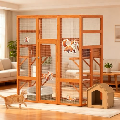 COZIWOW 70Inches Large Spacious Wooden Outdoor Catio with Perches and Condos, Cat Catio Enclosures Indoor Kitty Window Kennel with Waterproof Roof, 7 Platforms & 2 Resting Box, UV Resistant(Orange)