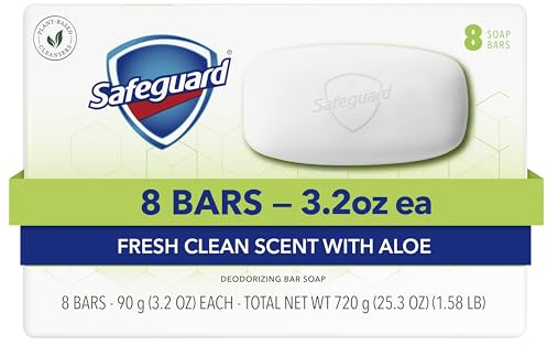 Safeguard Micellar Deep Cleansing Bath Bar Soap, Washes Away 99 Percent of Bacteria, Leaves Skin Soft, Made with Plant Based Cleansers, Fresh Clean Scent with Aloe, 3.2 oz (8 Count)