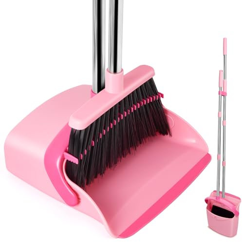 XXFLOWER Dustpan and Brush Sets, Long Handled Dustpan and Brush Set with Comb Teeth, Large Capacity, Upright Sweeping Brush Set for Indoor Kitchen Lobby Office Sweeping Pet Dog Hair (Pink)