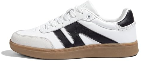 LUCKY STEP Damen Klassische Retro Sneaker mit Gummisohle - Modische Leder-Freizeitschuhe für Tennis und Skateboarden, rutschfeste Turnschuhe (Weiß/Schwarz, 9US-40EU-7UK)