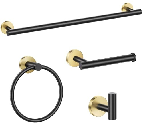 Set di 4 portasciugamani nero e oro, accessori per il bagno, include barra portasciugamani da 50 cm, gancio per asciugamani e porta carta igienica, in acciaio inox, montaggio a parete