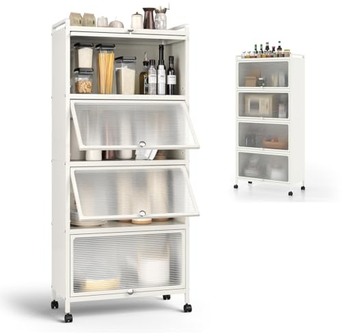 KOMFOTTEU Küchenregal auf Rollen, Aufbewahrungsregal mit Tür 5 Ebenen, Lagerschrank Standregal aus Stahlrahme, Aufbewahrungsschrank Beistellschrank 60x32x154 cm (Weiß)
