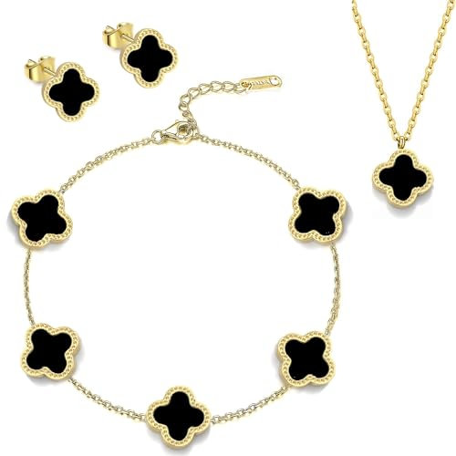 Vikrami lighting Four Leaf Clover Jewellery Set for Women Rose Gold Plated Stainless Steel Girls Black Four-Leaf Clover Pendant Necklace Stud Earrings Jewellery Set