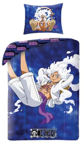 Halantex Set Letto ONE PIECE Monkey D. Luffy GEAR5 - Copripiumino 140x200cm con federa 70x90cm - 100% Cotone Oeko-Tex - Blu