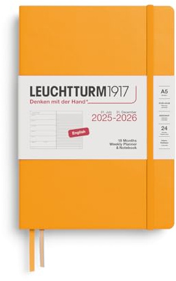 LEUCHTTURM1917 372798 Wochenkalender & Notizbuch Medium (A5) 2026, 18 Monate 07.2025-12.2026, Hardcover, Rising Sun, Englisch