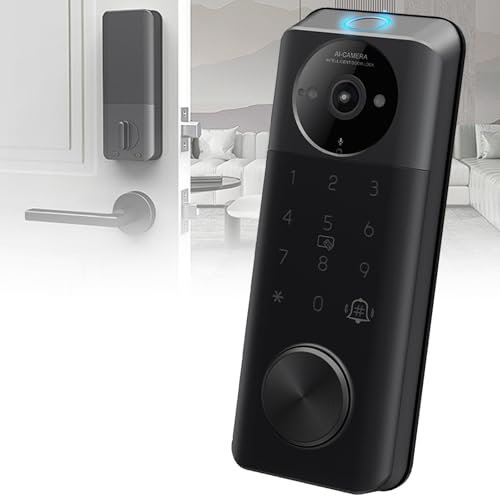 VNATWGOO Smart Door Lock with Video Doorbell, Real-Time Monitoring, Two-Way Audio, Remote Unlocking, Fingerprint Scanner, Mechanical Key Backup for House Apartment