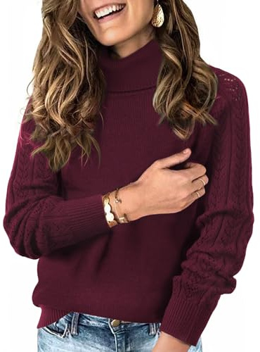 Tanmolo Pull Col Roulé Femme Élégant à Manches Brodées Motifs Ajourés pour Automne Hiver Tendance Confortable Bourgogne, L