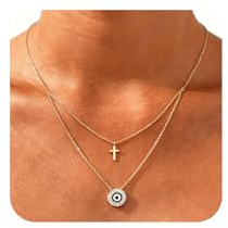 Women's Evil Eye Cross Necklace - 14K Gold Plated Tiny Evil Eye Choker Necklaces,Cubic Zirconia Non Tarnish Golden Cute Small Coss Pendant Jewelry,Dainty Boho Lucky Protection Jewelry Gift for Women