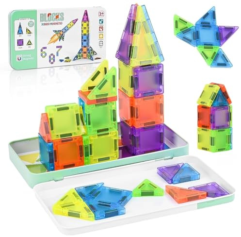 50 Piezas Bloques de Construcción Magnéticos Mini Piezas Magneticas Niños, Juego Construccion Magnetico Viaje con Caja de Metal, Magnetic Tiles Viaje, Juguetes de Viajes Montessori para Niños