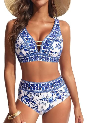 Hanna Nikole Maillot de bain 2 pièces pour femme - Taille haute - Push Up - Col en V