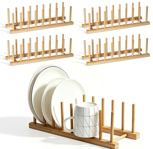NCOALE 4 StüCk TellerstäNder Holz, 8 SteckpläTze Tellerhalter Holz Abtropfgestell Topfdeckelhalter Bambus GeschirrstäNder Plate Holder Tellerregal Halter für Teller Schneidebrett Topf Deckel SchüSsel
