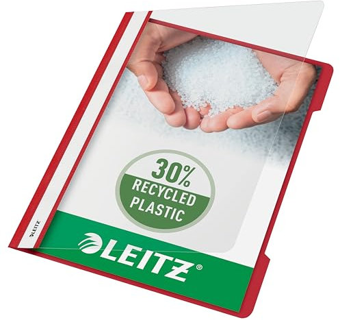 Leitz A4 Standard Schnellhefter, 25er Pack, 30% Pre-Consumer Recycling-Kunststoff, Hefter für A4-Blätter, 60 Blatt Kapazität, Ideal als Dokumententasche für Schule, Haushalt oder Büro, Rot, 41910025