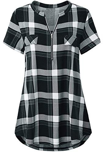 Odosalii Womens Zip Up Plaid Tunic Blouse Rolled Up Sleeve Polo Top Check Shirts (Medium, Black-Short Sleeve)