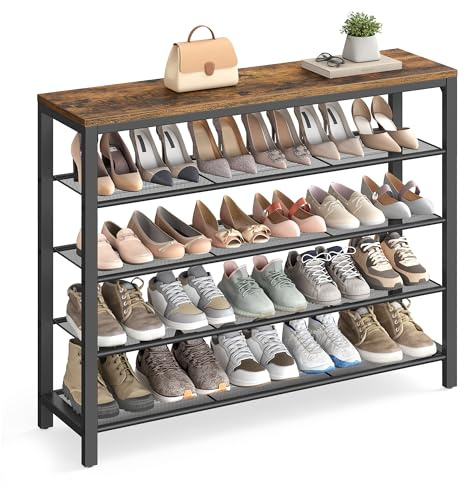 VASAGLE Shoe Rack, 5-Tier Shoe Storage Organizer with 4 Metal Mesh Shelves for 16-20 Pairs and Large Surface for Bags, for Entryway, Hallway, Closet, Industrial, Rustic Brown and Black ULBS15BX