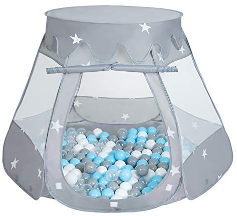 Selonis Baby Spielzelt Mit Plastikbällen Zelt 105X90cm/100 Bälle Plastikkugel Kinder, Grau:Grau-Weiß-Transparent-Babyblau