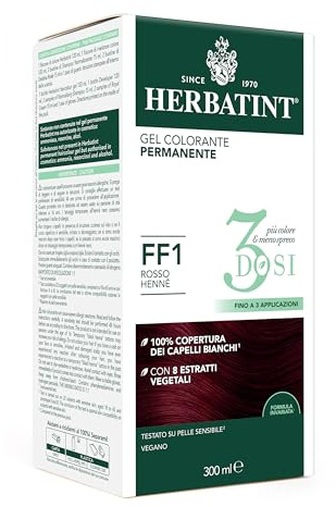 Herbatint Gel colorante permanente de 3 dosis, 300 ml – FF1 rojo henna, sin amoniaco, para pieles sensibles, cobertura 100% para cabellos blancos, con 8 extractos naturales biológicos