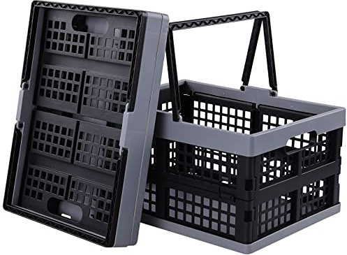 Jandson 2 Packs Plastic Folding Storage Crate with Handle, Collapsible Shopping Basket, 16 L, R
