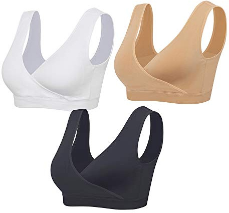 Lemef Reggiseni per Allattamento al Seno Senza Fili, Confezione da 3 Nero & Beige & Bianco S