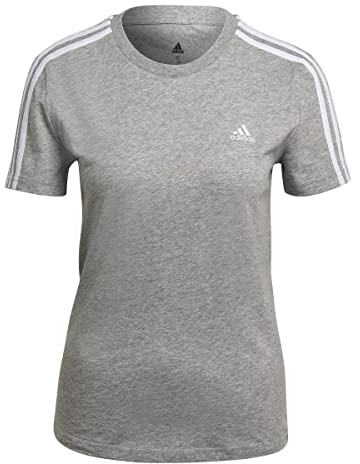 adidas Mujer Essentials Slim 3-Stripes Tee, Medium Grey Heather / White, M