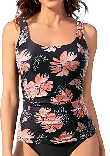 Aqua Eve Tankini Tops for Women Swimwear Top Only Tummy Control Bathing Suit Top No Bottom (Available in Plus), Black Flower, S