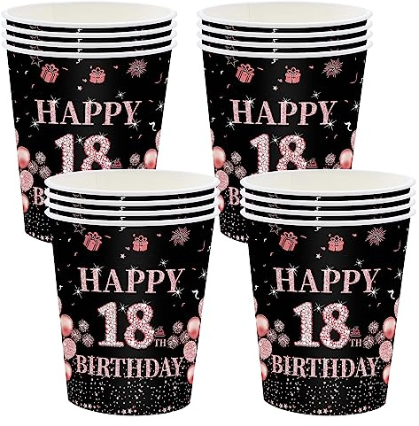 Pappmugg till 18-årsdagen. Födelsedag, svart rosé och guldkopp, 235 ml, engångsfestmugg, pappersmugg, svart/rött guld, festservis för flickor, barn, 18. Födelsedag, festtillbehör, bord
