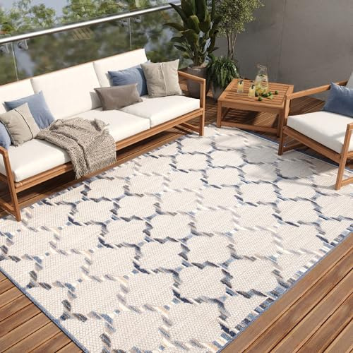 TAPISO Patio Teppich Indoor Outdoor Grau Beige Blau Marokkanisch Design Sisaloptik Wetterfest UV-beständig Terrasse Wohnzimmer ÖKO-TEX 240 x 330 cm
