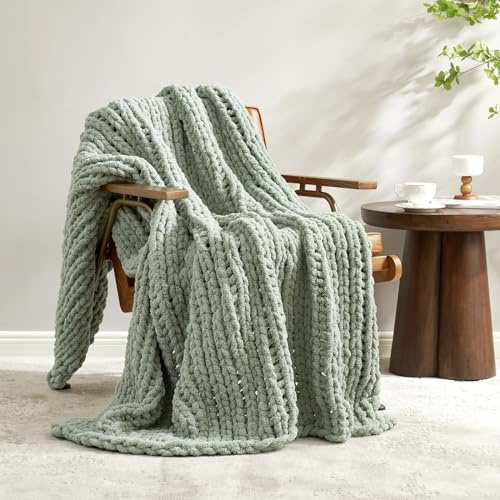 Amélie Home Chunky Knit Throw Blanket for Couch, Soft Chenille Handmade Crochet Throw Rope Knot Blanket for Couch, 50x60, Sage Green