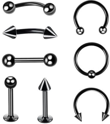 Lot de 8 piercings en acier chirurgical 16 g - En argent chirurgical - Forme droite - Fer à cheval - Langue - Mamelon - Sourcil - Boucles d'oreilles - Cartilage - Bouche - Bijou pour homme et femme,