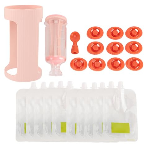 Fruktklämstation babymat klämstation för hemmagjord babymat plast fruktpuré babymat påse fyllningsmaskin med 10 st 118 ml påsar (rosa)