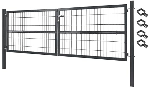 V2Aox Gartentor Tor Gartenzaun Zaun 300x120 cm Doppelflügelig Gartentür aus Metall für Stabmattenzaun Abschließbar inkl. Pfosten Grau