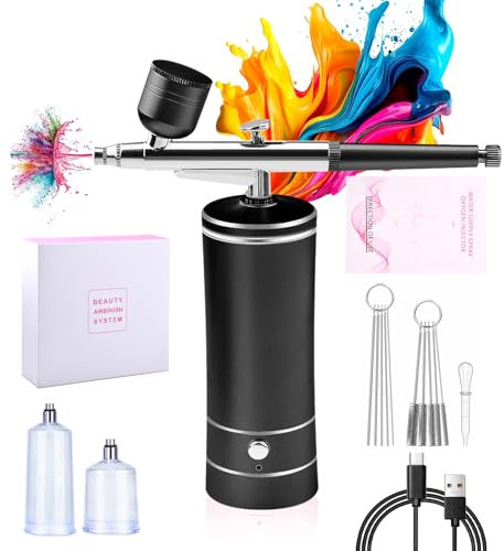 27PSI Wiederaufladbares kabelloses Airbrush Set, 0.3mm Düse pritzpistole mit 9 Zubehörteilen, Tragbare kabellose Spritzpistole mit Kompressor für Kunst, Makeup, Tortendekoration, Modelliermalerei