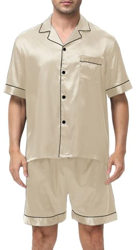 Dmmtot Conjunto de pijama de seda satinada para hombre, 2 piezas, con botones, pantalones cortos, ropa de descanso con bolsillos, cómoda, ligera, transpirable, para verano, ocio, comodidad, ropa de