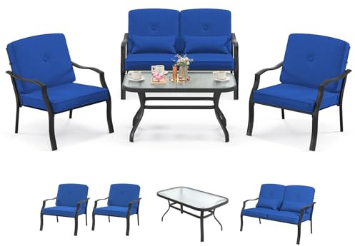 KOMFOTTEU Ensemble de Salon de Jardin 4 Pièces pour 4 Personnes, Set de Meubles de Jardin, 2 Fauteuils, 1 Canapé et 1 Table Basse, Mobilier d’Extérieur, Coussins Amovibles (Bleu)