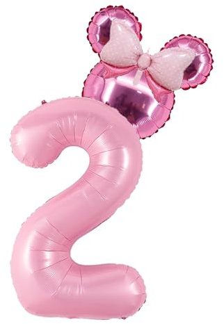KOBOKO Zahlen Luftballon 2. Geburtstag Mädchen, 40 Zoll Minni Geburtstagsdeko 2 Jahre Mädchen, Fliege Folienballon 2 Geburtstag Prinzessin Deko, Maus Geburtstagsdeko Zahlenballon 2 Helium Ballon Rosa