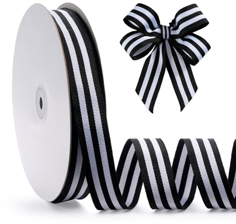 FAKILO Cinta de grogrén a rayas de doble cara en blanco y negro para envolver regalos, Navidad y Halloween, decoraciones de boda, decoraciones hechas a mano (1 pulgada x 50 yardas)