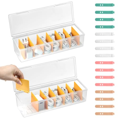 VGECEE 2 Pezzi Scatola Porta Cavi, Organizer Cavo Plastica con 16 Fascette, Scatola Organizer Trasparente 7 Divisori Rimovibili, con Coperchio, Organizzatore Cavi di Ricarica per Cassetti, Ufficio