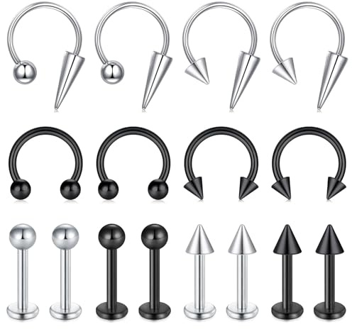 Zolure Lip Rings Medusa Piercing Jewelry 16g Horseshoe Labret Jewelry Lip Barbell Ring Spike Snake Bite Piercing Jewelry Tragus Helix Earrings Studs for Women Men 8mm 16PCS