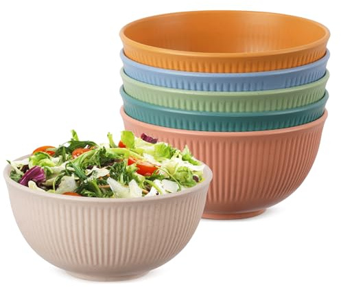 Cereal Breakfast Bowls 6 Pack Unbreakable Picnic Bowl 24 oz Plastic Lightweight Snack Pasta Salad Fruit Dessert Oatmeal Mixing Bowl for Kitchen Camping Dinner Soup Food Serving Bowl Reusable Bowls Set