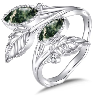 HUKKUN Markis formad ring med öppet blad i 925 sterlingsilver med vattengräs-agat och olivblad – smyckesgåva för kvinnor, mor, fru