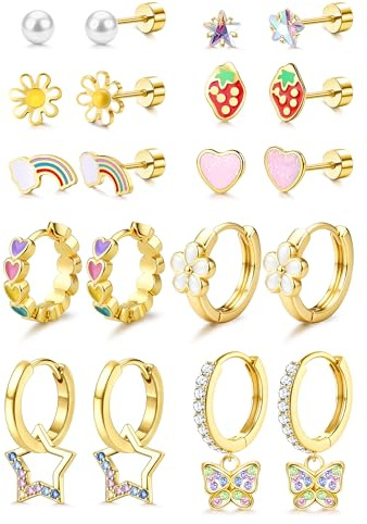 Adramata 10 Paires Boucles d'Oreilles Fille Acier Inoxydable Boucles Oreille Ensemble Rose CZ Fleur Coeur Papillon Hypoallergéniques Boucle d'Oreilles Enfant Bijoux
