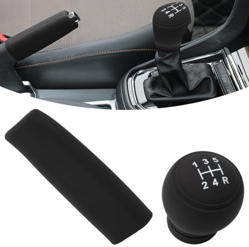 1PCS Funda Pomo Cambios Marcha Coche Antideslizante Gris + 1PCS Cubierta del Freno de Mano, 5 Marchas Palanca de Velocidad de Coche, Pomo Palanca de Cambios Universal, Funda Palanca Cambio de Marchas