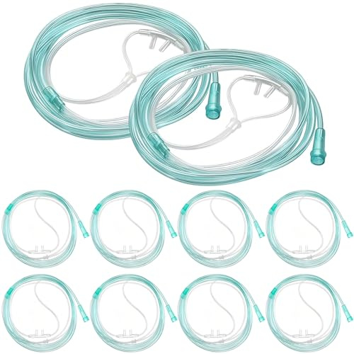 Cánula nasal de oxígeno ultra suave - paquete de 10 tubos verdes resistentes a los aplastamientos, tubos nasales estándar de 2M, tubos nasales ligeros para una cómoda entrega de oxígeno