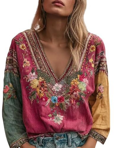 HUIFUAO – Haut de Style Ethnique pour Femme à Manches Longues et col en V – Chemise bohème Vintage bohème brodée – Chemisier d'été Tendance décontracté pour Vacances à la Plage – T-Shirt Tunique