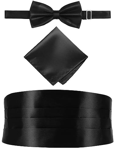 WINOMO 3pcs Men's Ties Cummerbunds & Pocket Squares Self Tie Bow For Men Cummerbund Set Satin And Square Suit Accessories Men's 1920s Cumberband Formal Accessory Black Silk Special Occasion Clothing