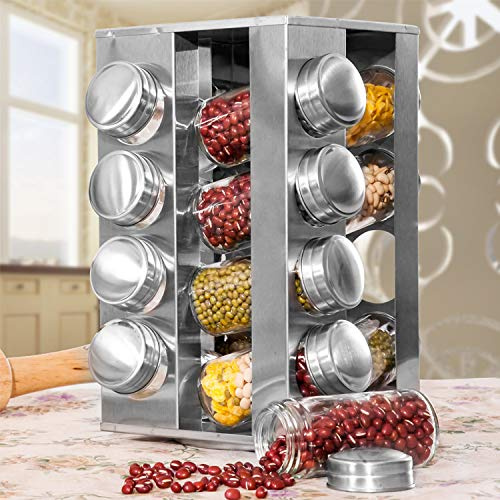 Provance Modernes drehbares Edelstahl Gewürzregal mit 16 Echtglas Gewürzgläsern 17 teilig, spülmaschinengeeignet