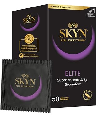 SKYN Elite Confezione da 50 Preservativi/Skynfeel Preservativi senza lattice per uomo, preservativi di dimensioni regolari, preservativi ultrasottili e morbidi, forma dritta liscia, larghezza 53 mm