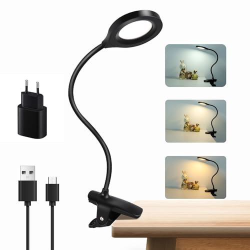 Akynite 36 LED Lampada da Letto USB Ricaricabile con Pinza, 5 Colore e 5 Intensità, Flessibile Lampada Pinza da Scrivania, Luce da Lettura da Letto, Nera