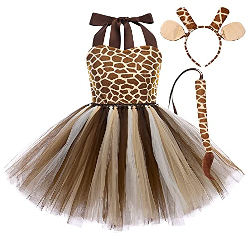 OBEEII Animal Costume Set, Tiger/Leopard/Cows/Zebra/Giraffe Fancy Dress with Hair Hoop Tail Dress Up Costume for Halloween Cospaly Birthday Christmas Stage Performance giraffe 7-8 Years